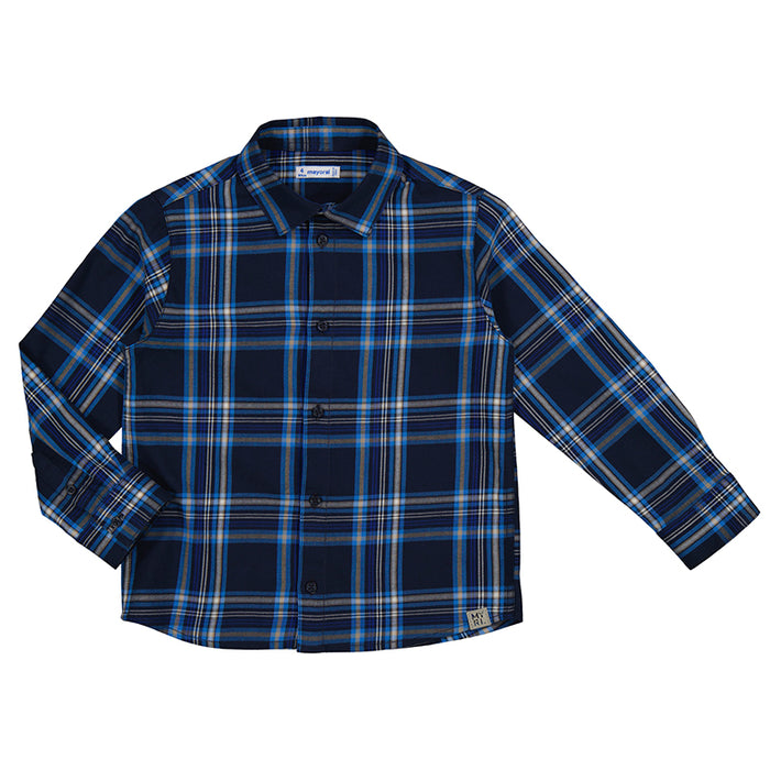 Mayoral Dark Blue & Cerulean Checkered Long Sleeve Button Down Shirt