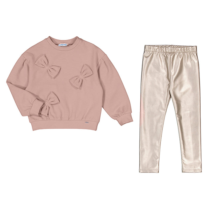 Mayoral Dusty Rose Bow Accent Pullover & Rose Gold Leggings Set