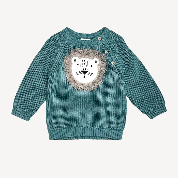 Viverano Organic Cotton Lion Appliqué Baby Pullover Sweater in Teal Blue