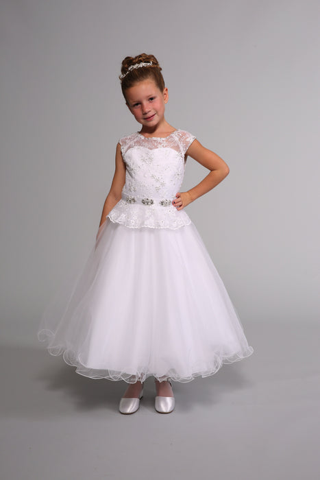 first holy communion gown with highwaisted rhinestone belt and teired skirt